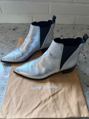 Acne Metallic Silver Pointed Chelsea Booties with Black Elastic